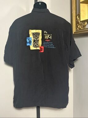 Tori Richard XL Silk Tiki Black SS Button Up Shirt Embroidered Drink Motif